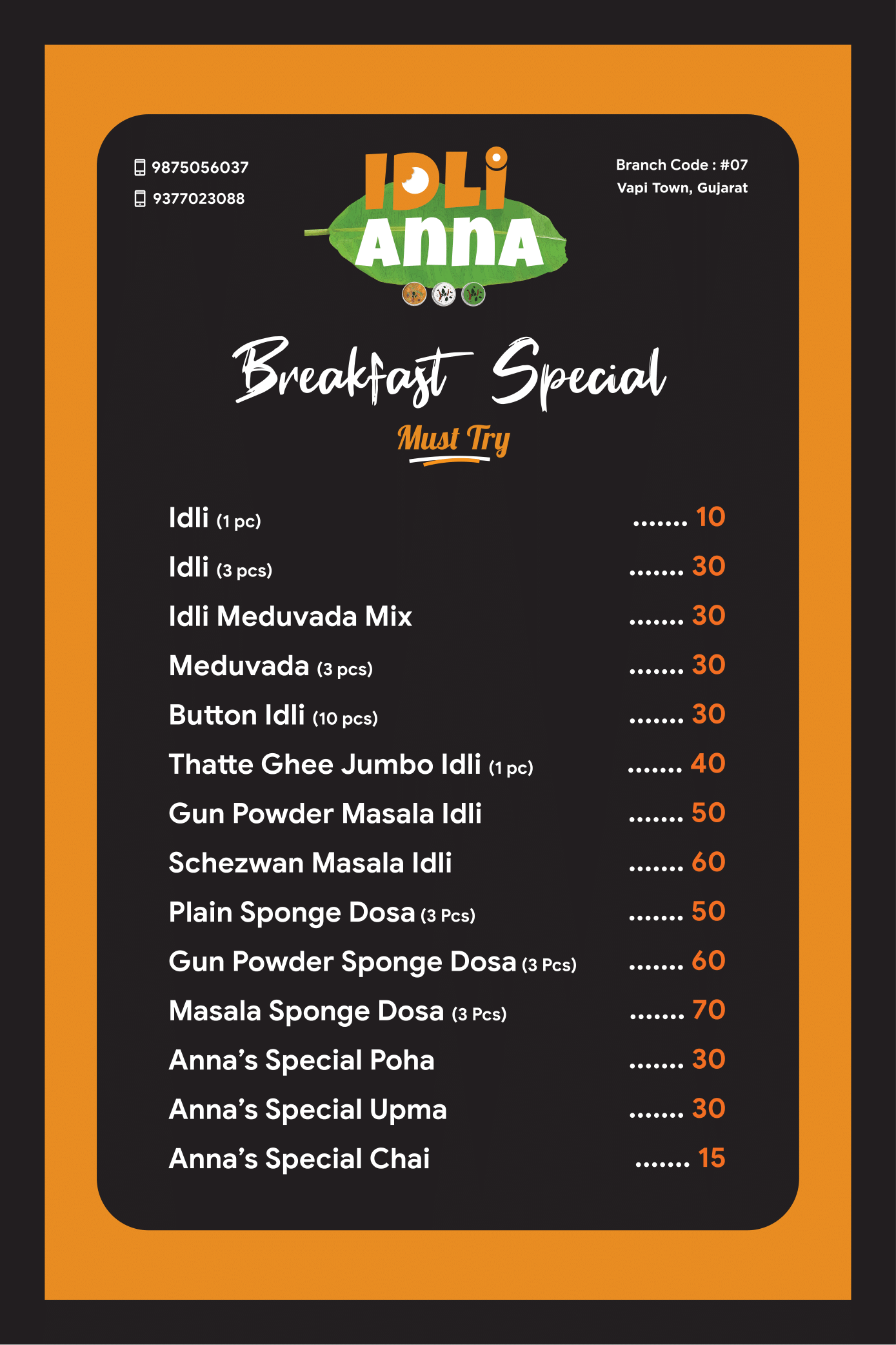IdliAnna Menu