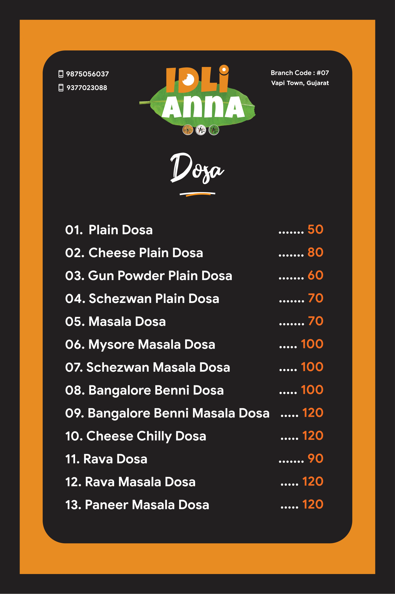 IdliAnna Menu